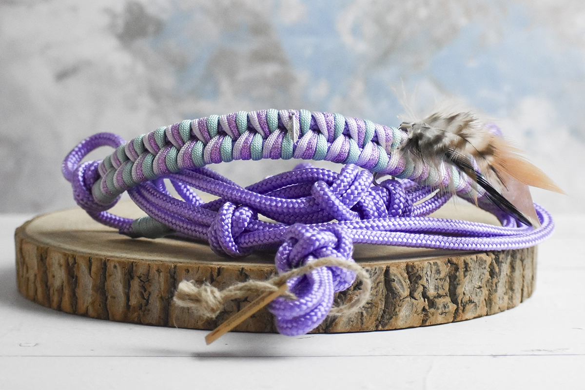 Licol en corde violet avec muserolle tressée à paillettes