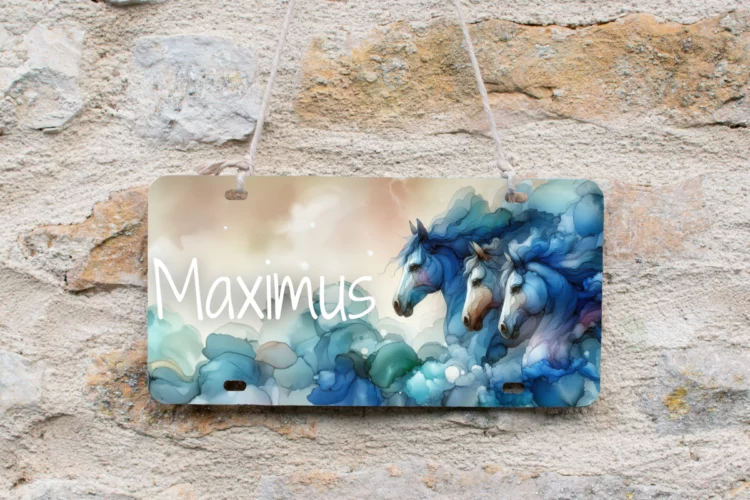 Dans les nuages bleus – Plaque d’écurie Chevaux Aquarelle